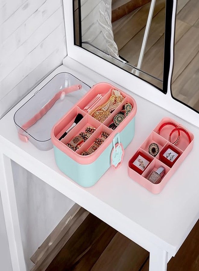 TRADY 2 Layer Hair Accessories Cosmetic Bag,Heart Cosmetic Containers Box, Trendy Makeup Box, Designs Functional Handle Portable Storage Solutions Compact Cosmetic Cases, Travel-Friendly (Pista) - Image 5