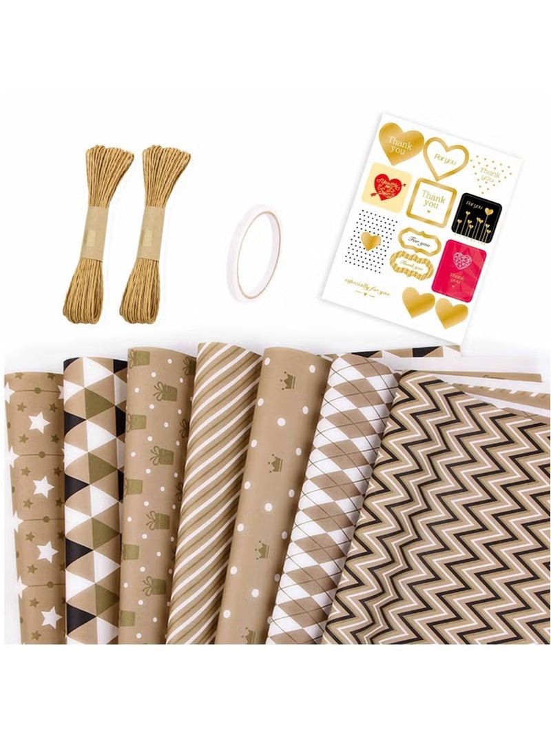7 Sheets of Gift Wrapping Paper + 2 Bundles of String + 1 Double-Sided Tape + 1 Sheet of Sticker with Ribbon Sticker Tape Set, Durable Gift Wrapping Set for Birthday Party, Valentine's Day, Wedding, Baby Shower, Bridal Shower, Graduation 50cm X 70cm - Image 3