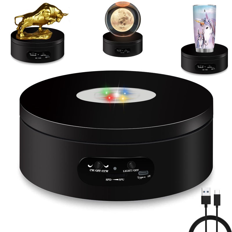 YVV LED Rotating Display Stand, Lighted Base-Crystal Glass Art, 360 Degree Automatic Mute Rotating Turntable, Motorized Display Stand with Colorful Lights, Tumbler Supplies Spinner 4.72in - Image 1