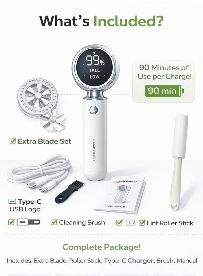 Eworld Rechargeable 2-in-1 Fabric Shaver & Lint Remover with Digital LED Display, Type-C Fast Charging, Extra Blade & Lint Roller, for Clothes, Sweaters, Abaya, Blankets, Sofa Furniture & Bedding - Assorted Colors - Image 3