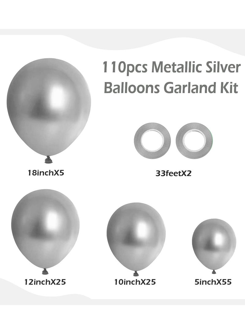 110pcs Metallic Silver Balloon Garland Arch Kit, 18 12 10 5 inch Chrome Silver Latex Balloons Different Sizes Pack for Birthday Graduation Baby Shower Disco Wedding Party Decorations - Image 2