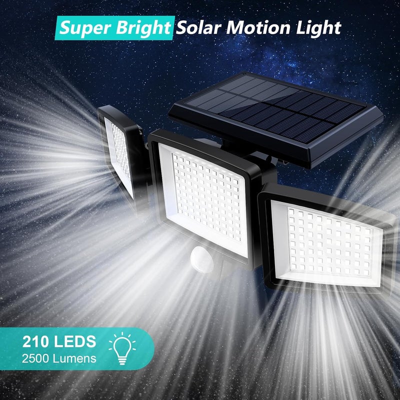 Tuffenough Solar Outdoor Lights 2500LM 210 LED Security Lights with Remote Control,3 Heads Motion Sensor Lights, IP65 Waterproof,270° Wide Angle Flood Wall Lights with 3 Modes(3 Packs) - Image 2