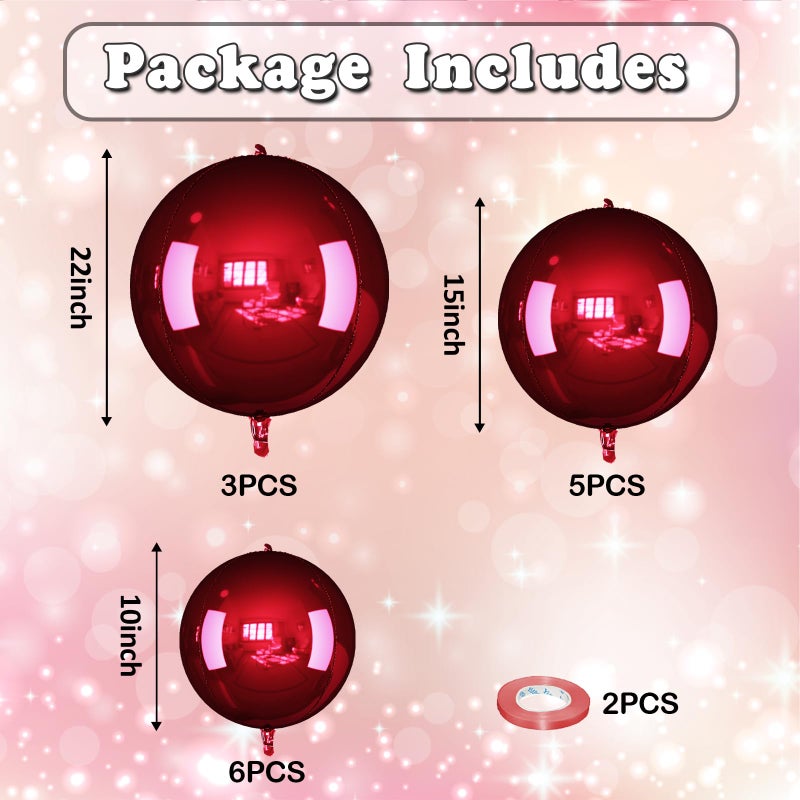 Froova 14 Pcs Burgundy Round Foil Balloons 22/15/10 Maroon 4D Ball Balloons Metallic Dark Red Balloon Ornament Mylar Balloon for Valentine's Day Birthday Grad Wedding Anniversary New Year Party Decor - Image 2