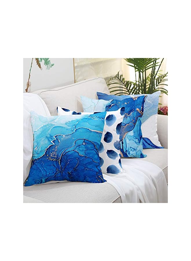 The Bros Set of 4 Decorative Throw Pillow Covers Navy Blue Marble Dots Sea Texture Abstract Fluid Gold Silver Pillow Covers Soft Velvet Pillow Case Square Cushion Covers for Couch Sofa 18 x 18 Inch - Image 3