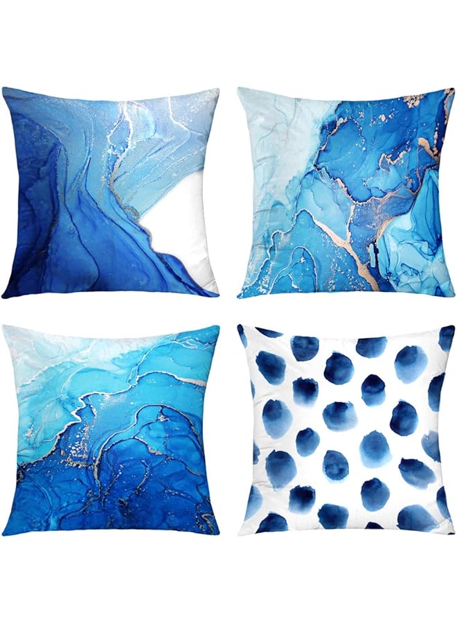 The Bros Set of 4 Decorative Throw Pillow Covers Navy Blue Marble Dots Sea Texture Abstract Fluid Gold Silver Pillow Covers Soft Velvet Pillow Case Square Cushion Covers for Couch Sofa 18 x 18 Inch - Image 1