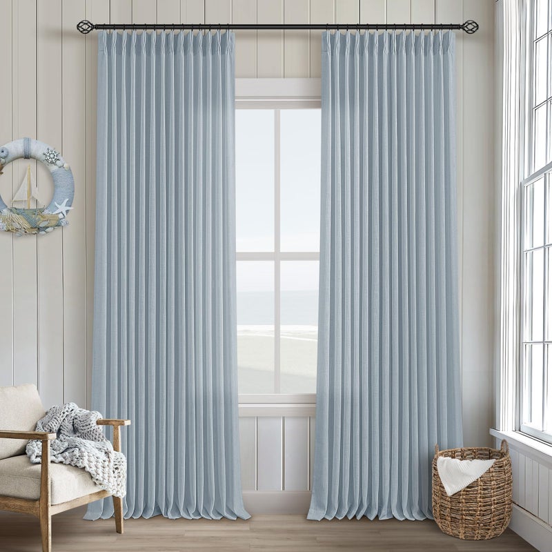 TWODRAPES Dusty Blue Pleated Linen Curtains 96 Inches Long for Living Room 2 Panel Set Semi Sheer Light Filtering Pinch Pleat with Rings Hooks Drapes Boho Farmhouse Light Blue Grey Curtain Bedroom Window - Image 1