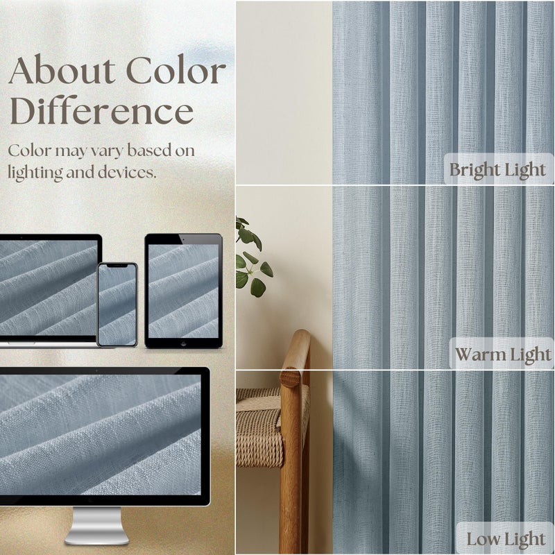 TWODRAPES Dusty Blue Pleated Linen Curtains 96 Inches Long for Living Room 2 Panel Set Semi Sheer Light Filtering Pinch Pleat with Rings Hooks Drapes Boho Farmhouse Light Blue Grey Curtain Bedroom Window - Image 4