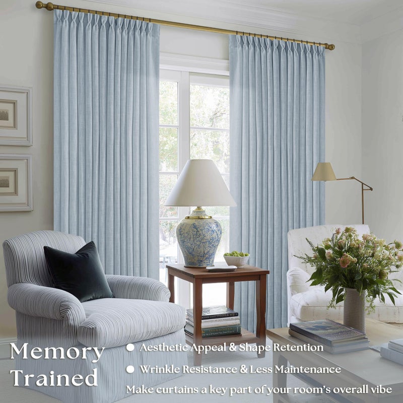 TWODRAPES Dusty Blue Pleated Linen Curtains 96 Inches Long for Living Room 2 Panel Set Semi Sheer Light Filtering Pinch Pleat with Rings Hooks Drapes Boho Farmhouse Light Blue Grey Curtain Bedroom Window - Image 2