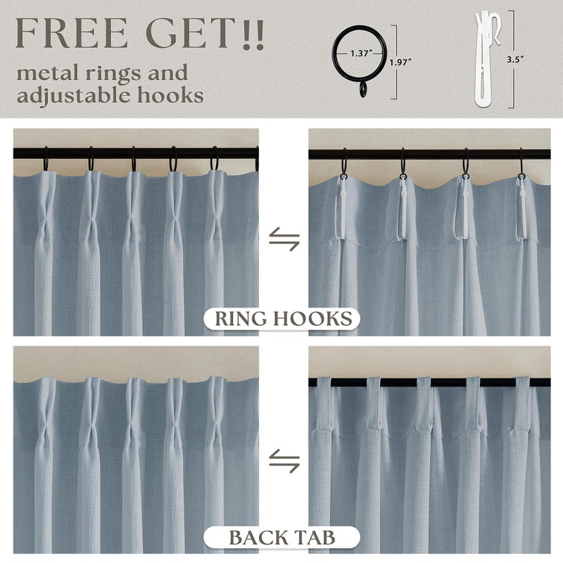 TWODRAPES Dusty Blue Pleated Linen Curtains 96 Inches Long for Living Room 2 Panel Set Semi Sheer Light Filtering Pinch Pleat with Rings Hooks Drapes Boho Farmhouse Light Blue Grey Curtain Bedroom Window - Image 5