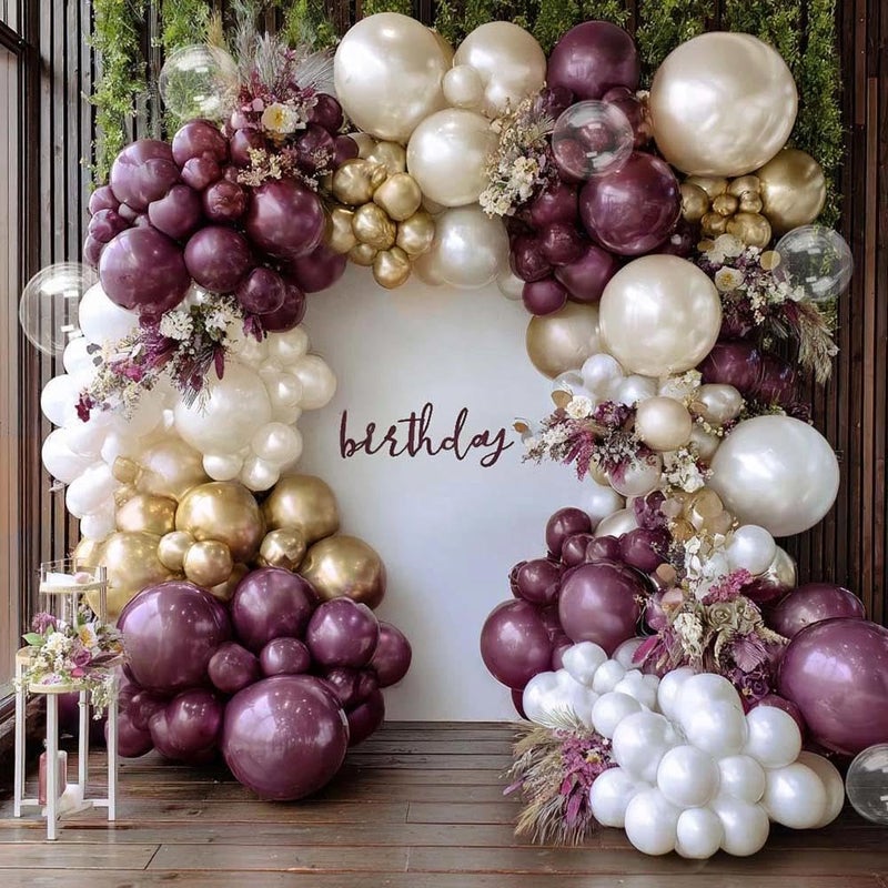 Partycus Dark Purple White Balloon Arch Kit, Double Stuffed Plum Mauve Burgundy Pearl White Sand Gold Balloon Garland with Clear Bobo Latex for Birthday Baby Shower Wedding Valentine Graduation Party Decor - Image 1