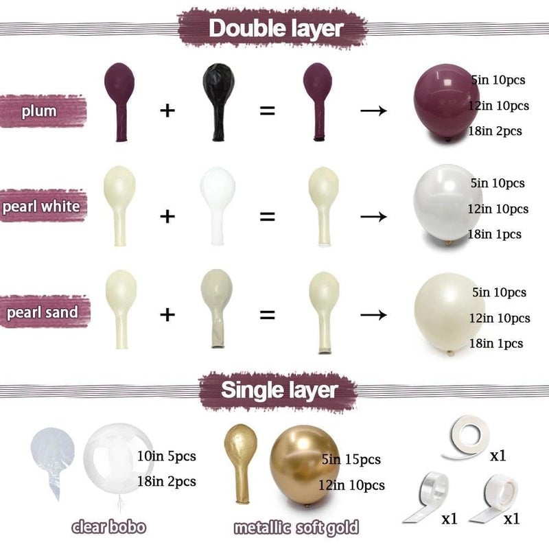 Partycus Dark Purple White Balloon Arch Kit, Double Stuffed Plum Mauve Burgundy Pearl White Sand Gold Balloon Garland with Clear Bobo Latex for Birthday Baby Shower Wedding Valentine Graduation Party Decor - Image 4
