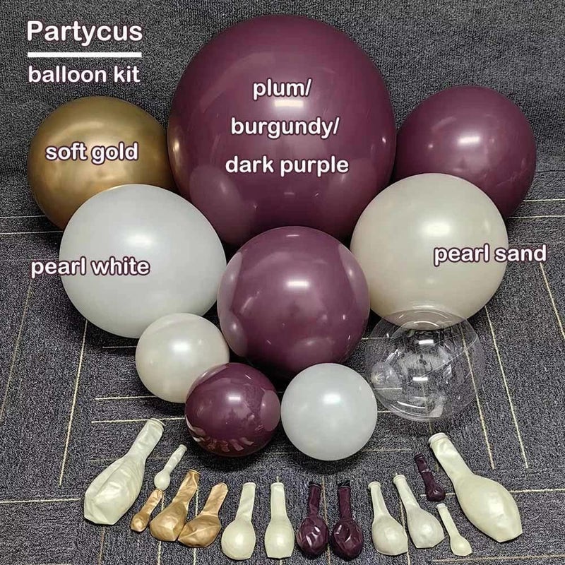 Partycus Dark Purple White Balloon Arch Kit, Double Stuffed Plum Mauve Burgundy Pearl White Sand Gold Balloon Garland with Clear Bobo Latex for Birthday Baby Shower Wedding Valentine Graduation Party Decor - Image 3