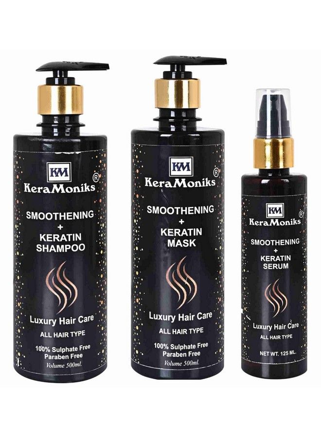 KeraMoniks Smoothening Plus Keratin Hair Shampoo 500 Ml + Hair Mask 500 Ml + Hair Serum 125 Ml (Pack Of 3) - Image 1
