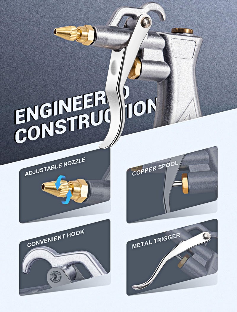 JASTIND Industrial Air Blow Gun with Brass Adjustable Air Flow Nozzle and 2 Steel Extension, Pneumatic Air Compressor Accessory Tool Dust Cleaning and Blower Gun - Image 4