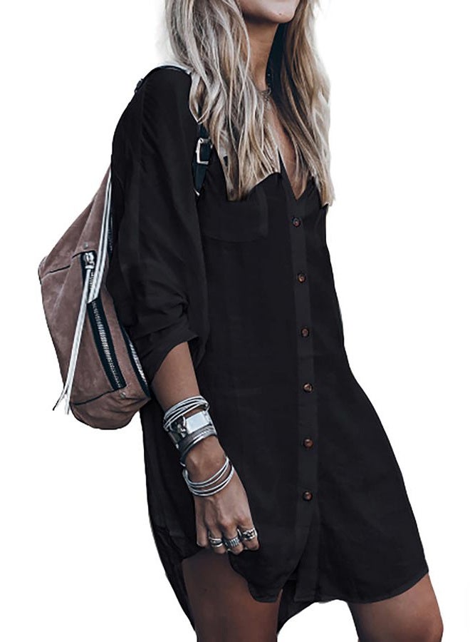 Bsubseach Black Long Sleeve Bikini Cover Up for Women Bsubseach Loose Button Down V Neck Swimwear Beach Shirt Tunic Dress, One Size - Image 1
