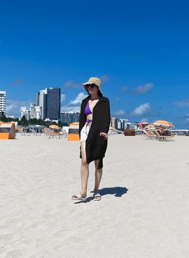 Bsubseach Black Long Sleeve Bikini Cover Up for Women Bsubseach Loose Button Down V Neck Swimwear Beach Shirt Tunic Dress, One Size - Image 3