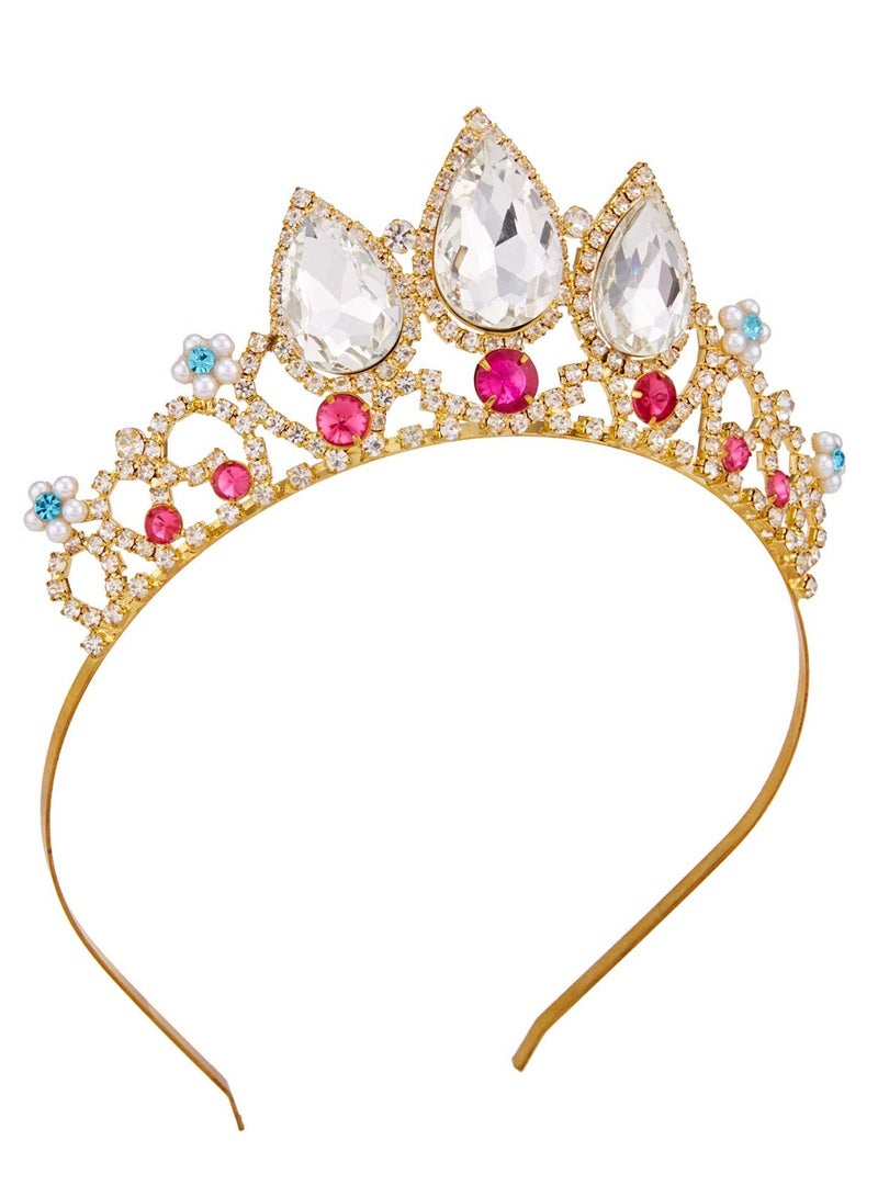 KASTWAVE Girls Crystal Tiara, Gold Birthday Crown, Rapunzel Pearl Headband, Rhinestone Princess Wig for Kids, Red Jewel Wedding Hair Accessories, Flower Girl Costume Cosplay Gift - Image 1