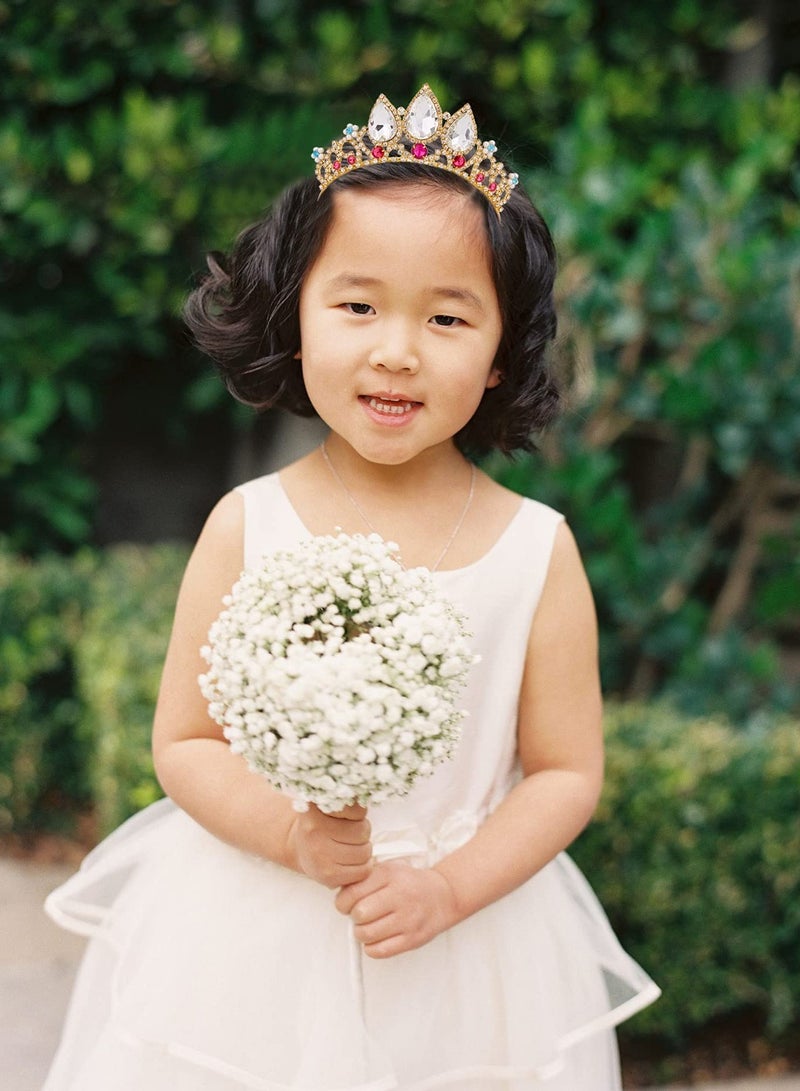 KASTWAVE Girls Crystal Tiara, Gold Birthday Crown, Rapunzel Pearl Headband, Rhinestone Princess Wig for Kids, Red Jewel Wedding Hair Accessories, Flower Girl Costume Cosplay Gift - Image 2