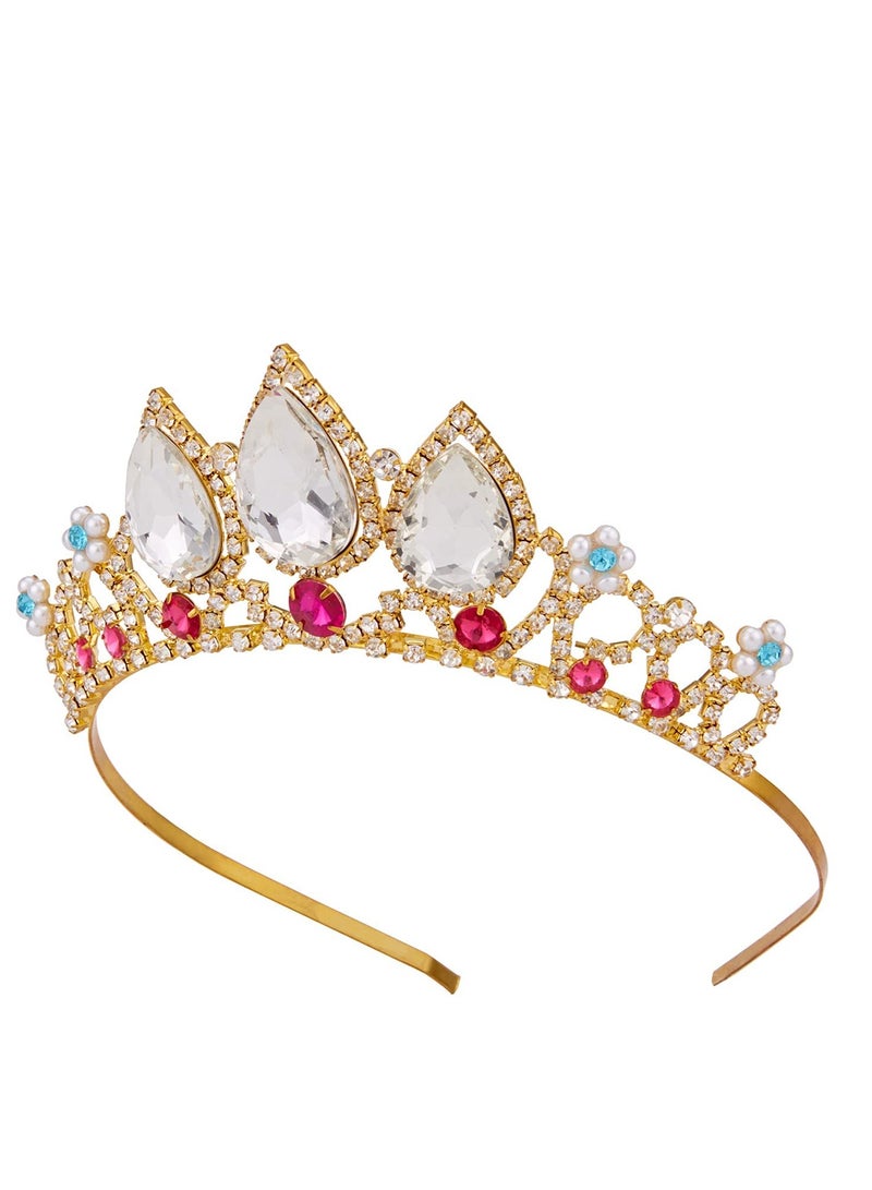 KASTWAVE Girls Crystal Tiara, Gold Birthday Crown, Rapunzel Pearl Headband, Rhinestone Princess Wig for Kids, Red Jewel Wedding Hair Accessories, Flower Girl Costume Cosplay Gift - Image 4