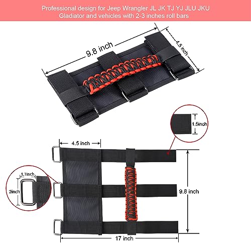KOOLYNHO Roll Bar Grab Handles Hand Grips Accessories Paracord Hand Grab for Jeep Wrangler JL JK TJ YJ Gladiator Sahara Rubicon Unlimited (Red 4 Pack) - Image 2