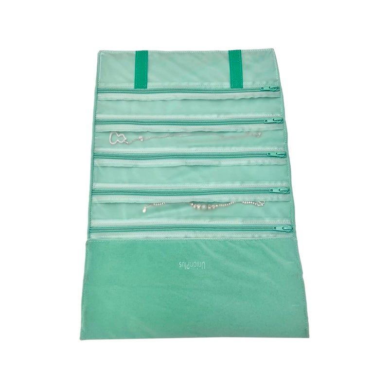 UnionPlus Velvet Travel Jewelry Case Roll Bag Organizer for Necklace Bracelet Earrings Ring, 9/11 Zipped Grids with Necklace Button, PVC Cover (Ice Green) - Image 4