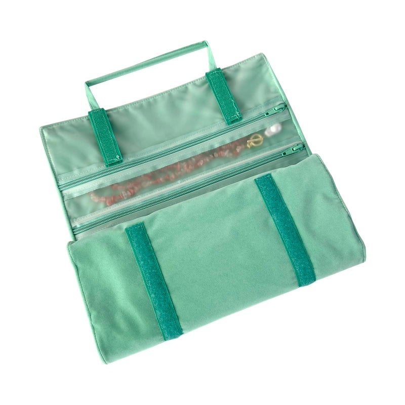 UnionPlus Velvet Travel Jewelry Case Roll Bag Organizer for Necklace Bracelet Earrings Ring, 9/11 Zipped Grids with Necklace Button, PVC Cover (Ice Green) - Image 2