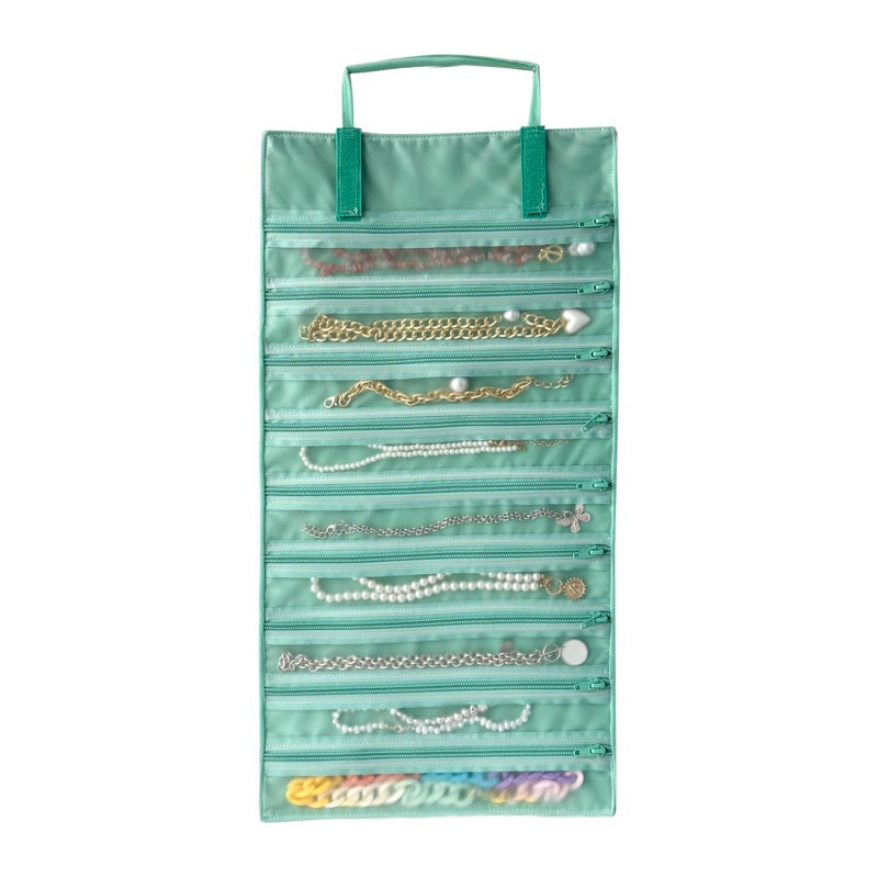 UnionPlus Velvet Travel Jewelry Case Roll Bag Organizer for Necklace Bracelet Earrings Ring, 9/11 Zipped Grids with Necklace Button, PVC Cover (Ice Green) - Image 1