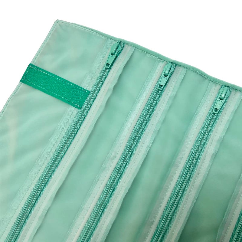 UnionPlus Velvet Travel Jewelry Case Roll Bag Organizer for Necklace Bracelet Earrings Ring, 9/11 Zipped Grids with Necklace Button, PVC Cover (Ice Green) - Image 5