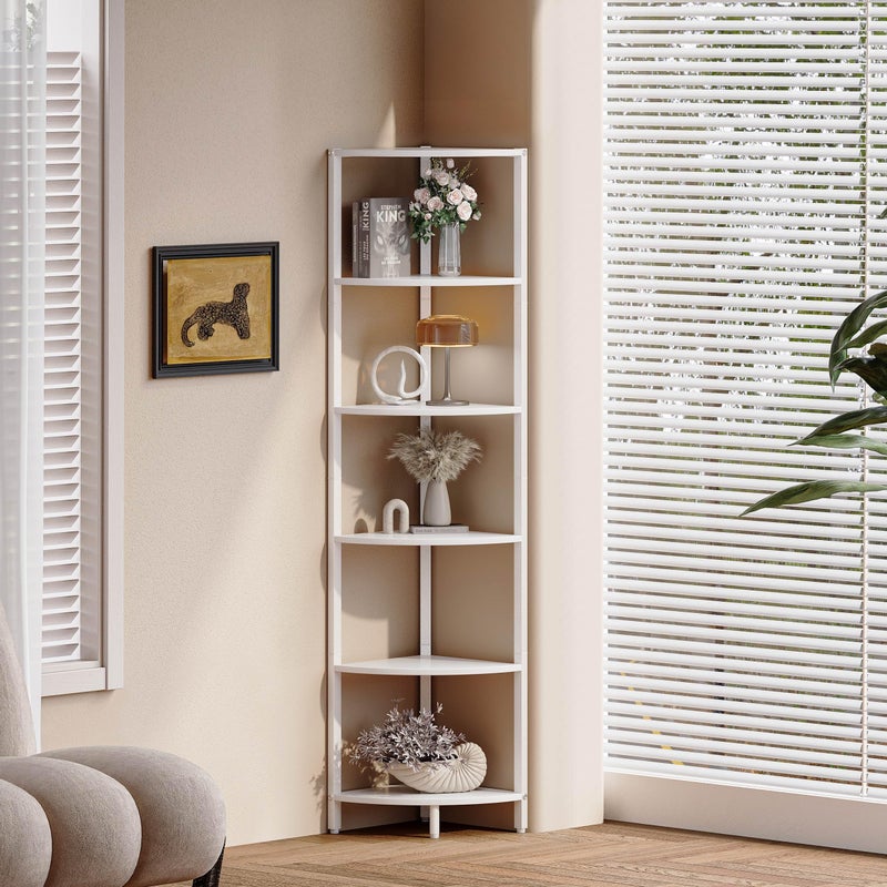IRCPEN 6 Tier Corner Shelf 63.1" Tall Corner Shelves Stand Ladder Shelf Metal Standing Bookshelf Organizer Display Rack Bookcase Plant Stand Industrial Rustic for Living Room Bedroom White CS-001W1 - Image 5