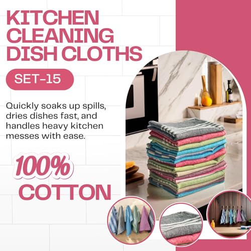 Värde® 15 Pcs Dishcloths | 12x16 Inches | Bulk Cotton Kitchen Cleaning Dish Cloths | Scrubbing Wash Cloth Sets | Multipurpose Cloth | 100% Cotton. (Multicolor, Set of 15) - Image 2