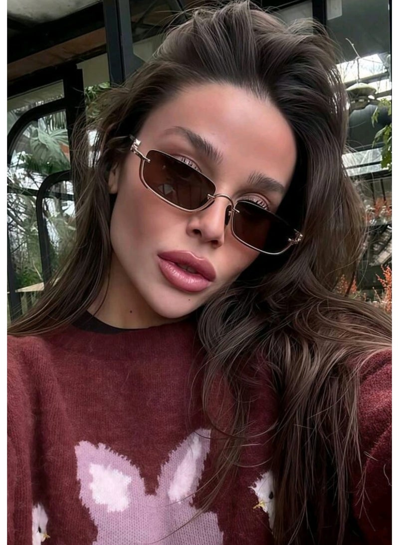 POLITE Women's Rectangular Metal Half-Frame Square Streetwear Sunglasses - Image 1