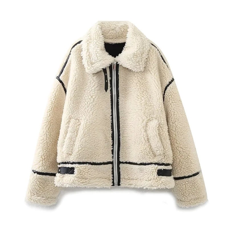 American motorcycle trendy cool contrast color design coat autumn and winter warm lapel zipper loose slimming jacket for women Beige 