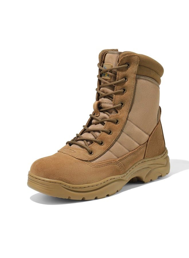 NORTIV 8 Mens Military Tactical Work Boots Side Zipper Hiking Leather Outdoor 8 Inches Motorcycle Combat Boots s Size 10.5 M US Trooper, Brown-8 Inches - Image 2