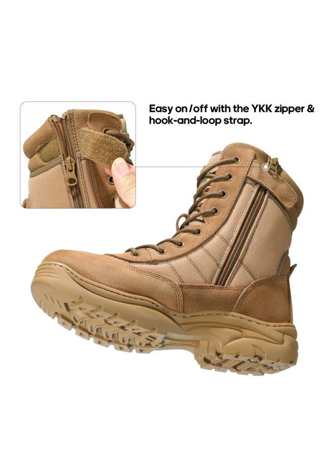 NORTIV 8 Mens Military Tactical Work Boots Side Zipper Hiking Leather Outdoor 8 Inches Motorcycle Combat Boots s Size 10.5 M US Trooper, Brown-8 Inches - Image 3