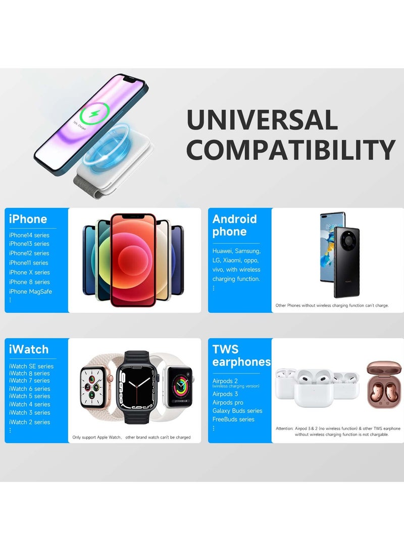 Excefore Wireless Charging, Magnetic Foldable Charging Pad Portable Wireless Chargers 3 in 1, Qi Fast Wireless Charging Station Compatible with iPhone 14/13/12/SE/11/XS/8, Samsung, for Air Pods Pro, iWatch  - Image 3