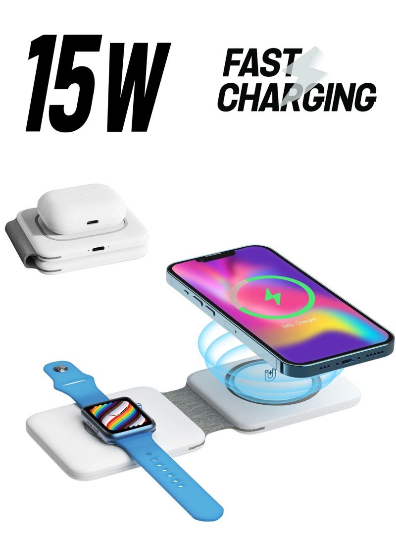 Excefore Wireless Charging, Magnetic Foldable Charging Pad Portable Wireless Chargers 3 in 1, Qi Fast Wireless Charging Station Compatible with iPhone 14/13/12/SE/11/XS/8, Samsung, for Air Pods Pro, iWatch  - Image 1