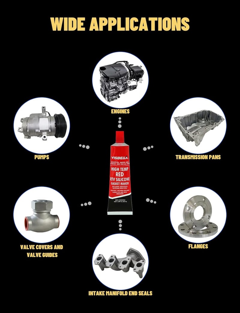 Visbella High Temperature RTV Silicone Gasket Maker, Sealed Oil Resistant Waterproof Quick Dry Liquid for Bonding Internal Combustion, Steam Turbines, Automotive Engine Parts 3.7OZ (1, Red) Global upgraded practical design - Image 4