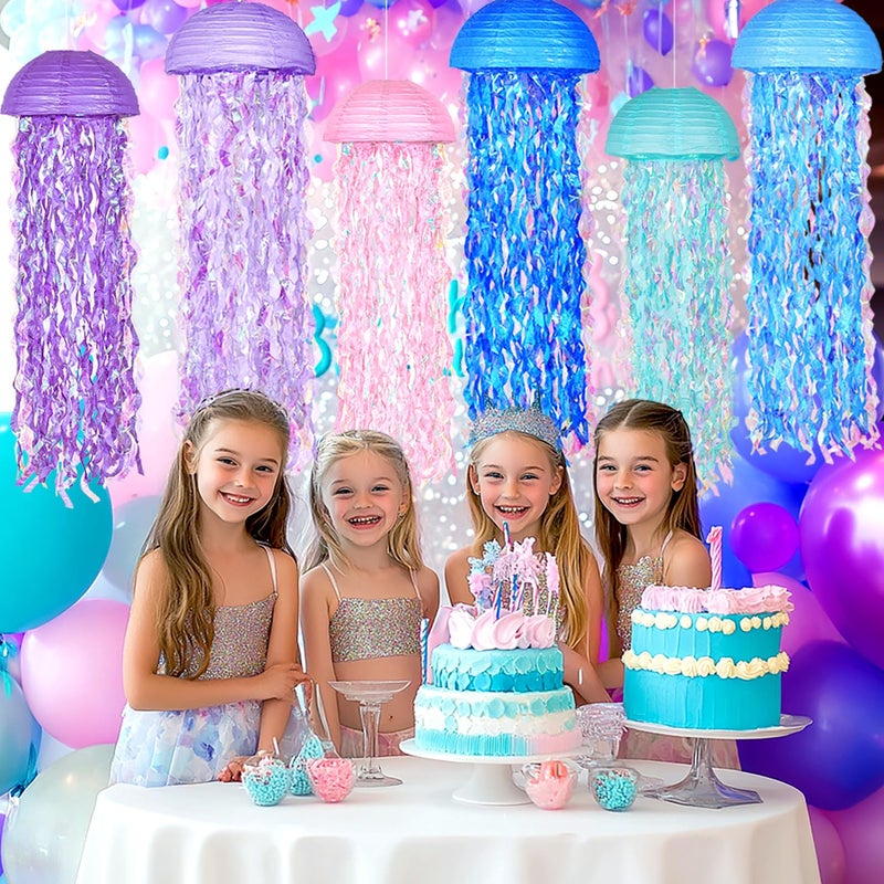 OBXT 10" Mermaid Jellyfish Lanterns â€“ Pink Purple Blue Decorations for Mermaid Birthday Party, Under the Sea Theme, Baby Shower, Ocean & Beach Room Hanging Decor (Set of 6) - Image 3