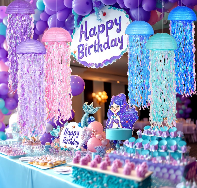 OBXT 10" Mermaid Jellyfish Lanterns â€“ Pink Purple Blue Decorations for Mermaid Birthday Party, Under the Sea Theme, Baby Shower, Ocean & Beach Room Hanging Decor (Set of 6) - Image 2