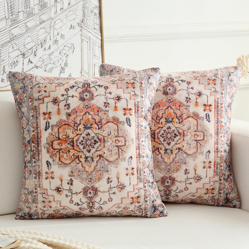 BUAEL Boho Throw Pillow Covers 20x20 inch Set of 2,Boho Vintage Carpet Pattern Antique Ethnic Decor Double Sided Pattern Cushion Cover Soft Pillow Case Living Sofa Room Bed Square Pillow Cover - Image 1