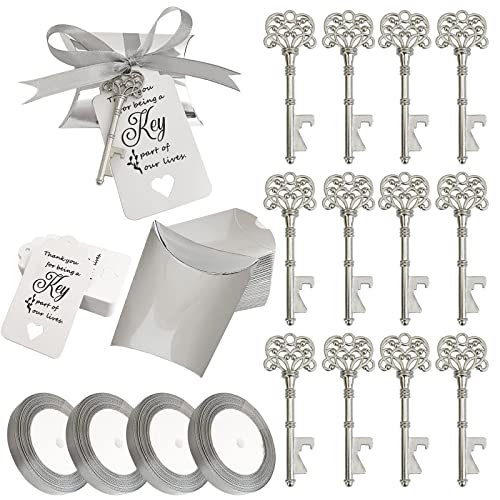 WODEGIFT Wedding Favors Key Bottle Opener Guest Gifts with Candy Box Thank You Card and Ribbon Silver Bulk 100 - Image 1