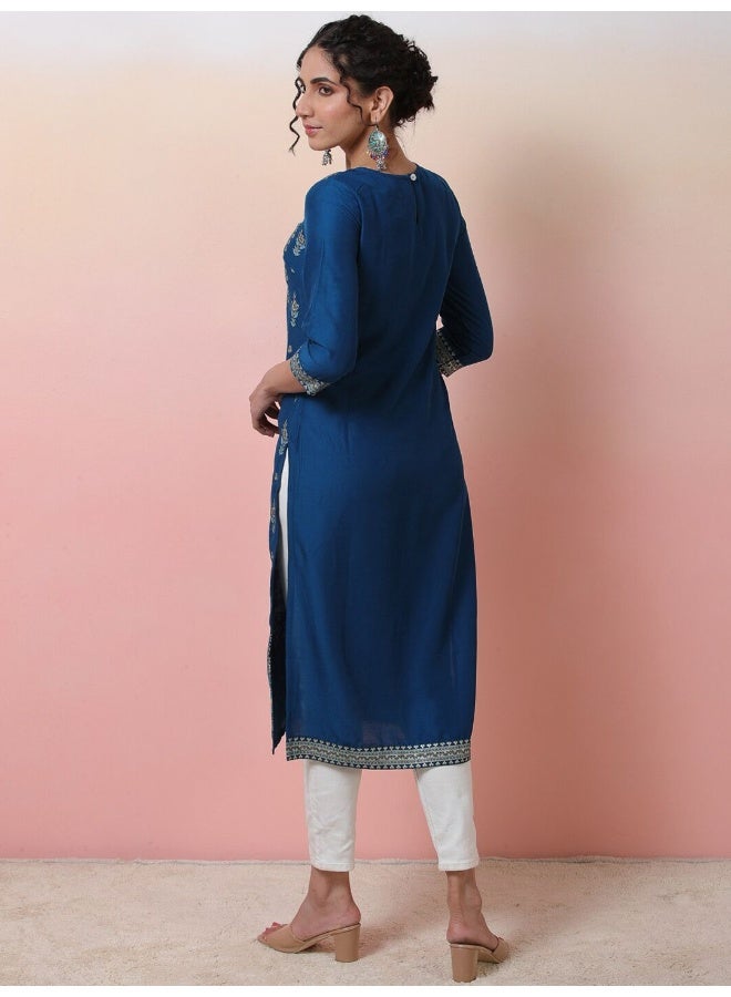 AKS Navy Blue Foil Placement Print Viscose Straight Kurta - Image 5