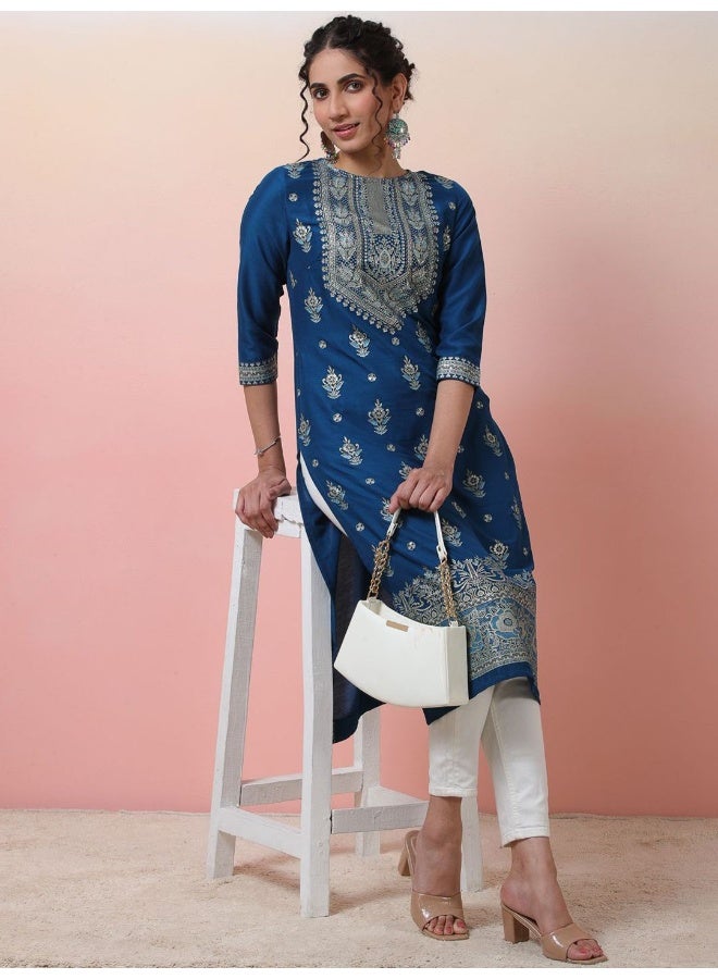 AKS Navy Blue Foil Placement Print Viscose Straight Kurta - Image 4