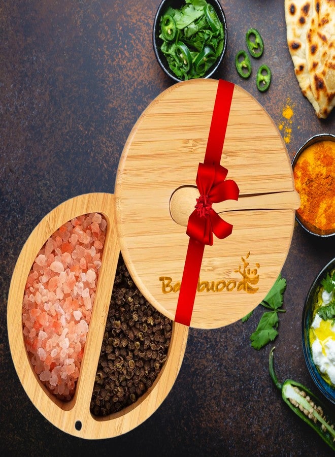 Bambuood Premium Bamboo Salt Cellar with 2 Compartment Swivel Magnetic Lid - 100% Handmade, Elegant Salt & Spices Storage Box and Multi-Use Container with Mini Spoon. - Image 1