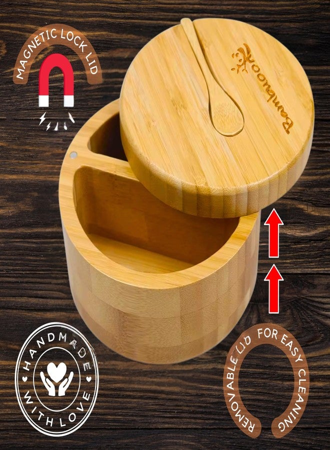 Bambuood Premium Bamboo Salt Cellar with 2 Compartment Swivel Magnetic Lid - 100% Handmade, Elegant Salt & Spices Storage Box and Multi-Use Container with Mini Spoon. - Image 4