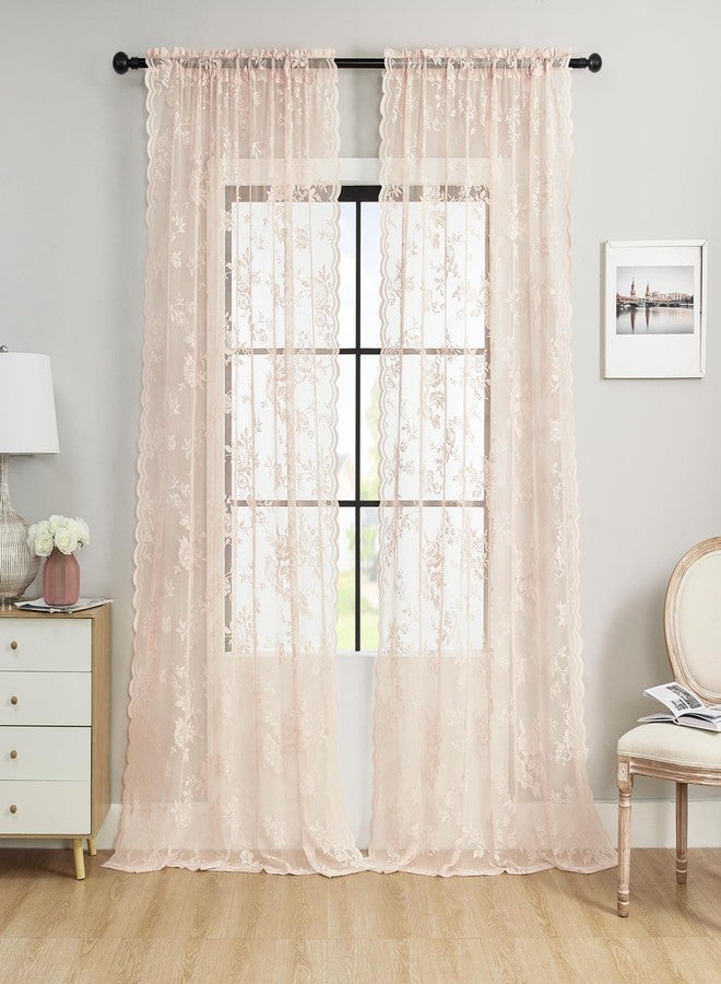 SEEKRIGHT Blush Pink Lace Curtains 84 Inches Long 2 Panels French Floral Sheer Curtains for Living Room Bedroom Vintage Victorian Curtains Rod Pocket Light Filtering Edges Drapes Window Decor, 52x84 - Image 2