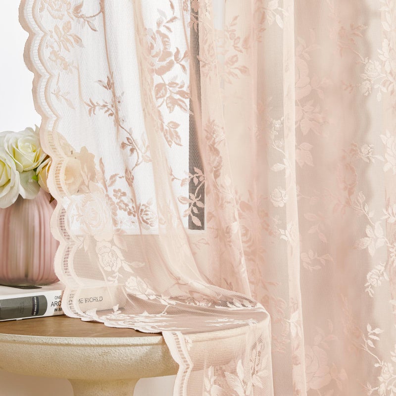 SEEKRIGHT Blush Pink Lace Curtains 84 Inches Long 2 Panels French Floral Sheer Curtains for Living Room Bedroom Vintage Victorian Curtains Rod Pocket Light Filtering Edges Drapes Window Decor, 52x84 - Image 1