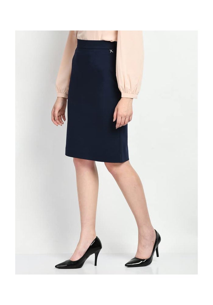 Exude Navy Blue Solid Pencil Skirt for Women - Image 2