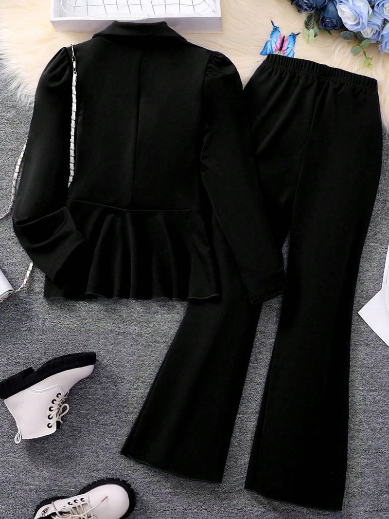 OYOANGLE Girl's Formal Wear 2 Piece Outfits Button Ruffle Hem Puff Sleeve Blazer and Flare Pants Suit Set Black 11Y - Image 2