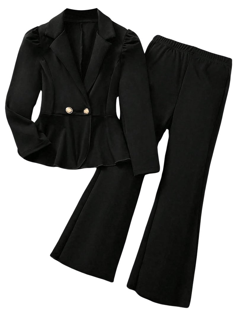 OYOANGLE Girl's Formal Wear 2 Piece Outfits Button Ruffle Hem Puff Sleeve Blazer and Flare Pants Suit Set Black 11Y - Image 1